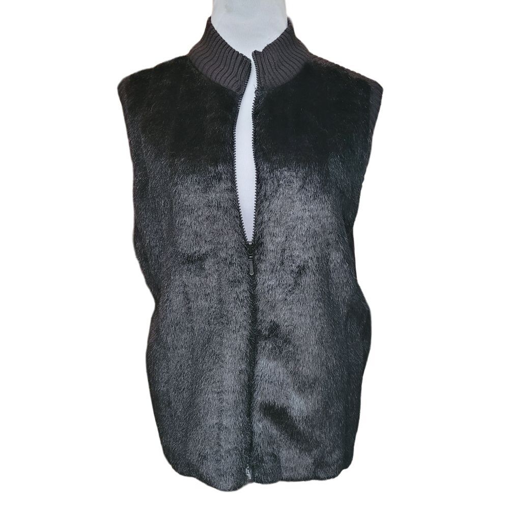 Kathie Lee Collection Black Faux Fur Ribbed Knit Zip Up Vest Large Vintage 90s